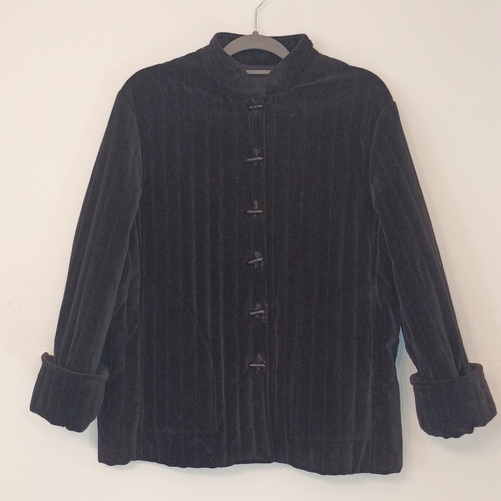 Vtg 80s Women Black Quilted Frog Button Up Cotton Velvet Jacket Size 16 Hippy